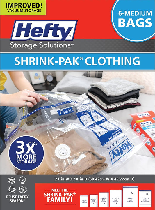 Hefty Shrink-Pak Vacuum Storage Bags - Space Saver for Under Bed Storage, Clothing and Comforters, 3X More Storage Space, 6 Medium Zipper Bags