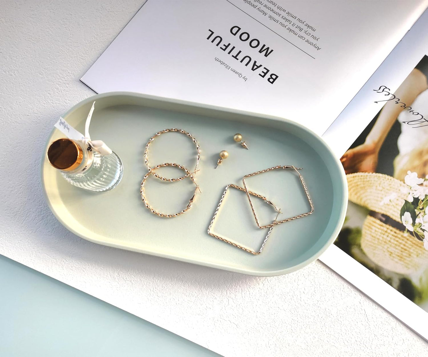 Green Small Tray (10 inch), Oval Tray for Kitchen Counter, Bathtub Bathroom Vanity Items, Countertop Organizer, Coffee Accessory, Bar, Serving Seasoning, Salt and Pepper, Soap, Perfume.