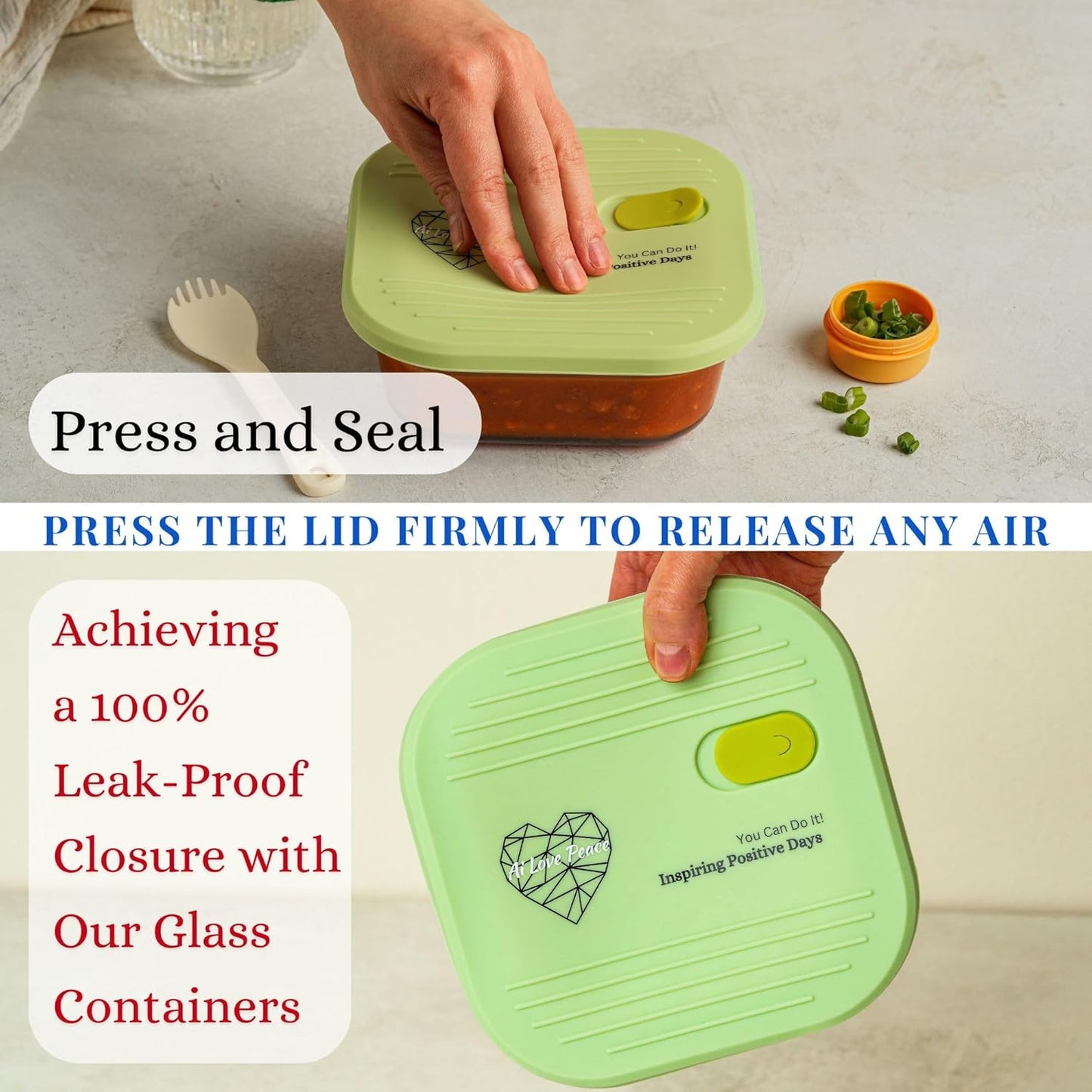 AI LOVE PEACE Microwave Safe Glass Lunch Container - 3.25 Cup Reusable Meal Prep & Freezer Storage Container with Vented Lid - BPA-Free - Ideal Bento Box for Adults, Portion Control Green