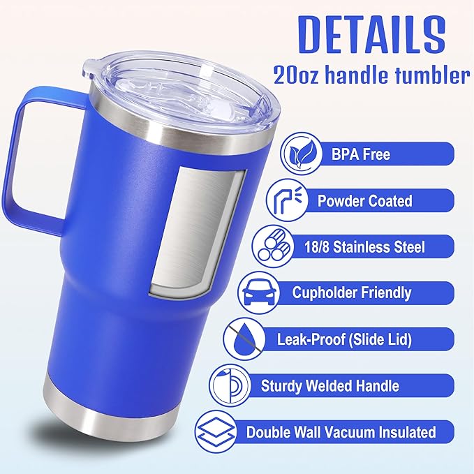 20 oz Tumbler with Handle and Lid, Stainless Steel Tumbler Insulated Travel Coffee Mug, Spill Proof Double Wall Vacuum Tumbler Cup Keep Drink Hot & Cold, Dark Blue, 12 Pack