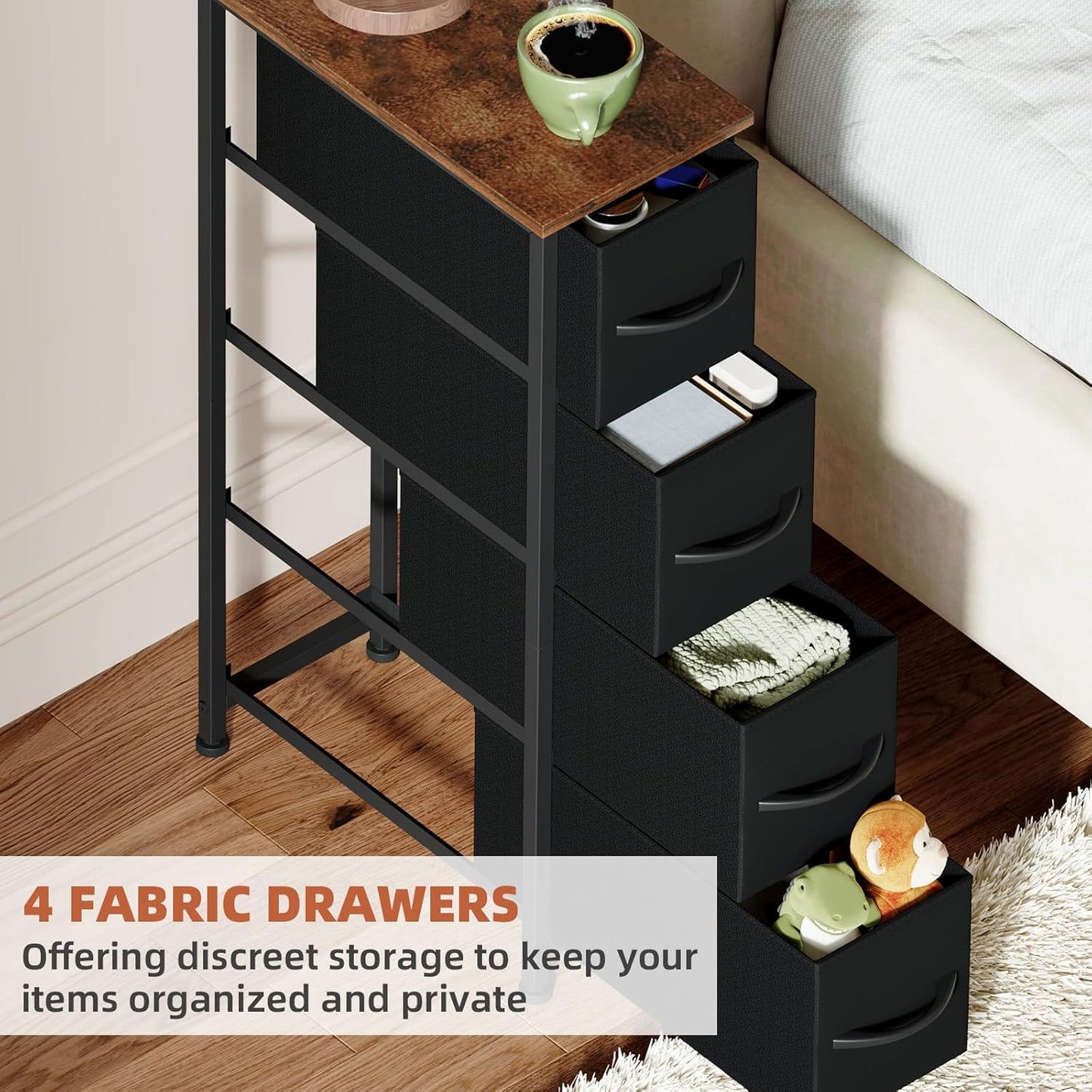 Somdot Narrow Dresser with 4 Drawers, Slim Storage Chest of Drawers with Removable Fabric Drawers for Closet Small Spaces Bathroom Bedroom Laundry, Black Rustic Brown Top