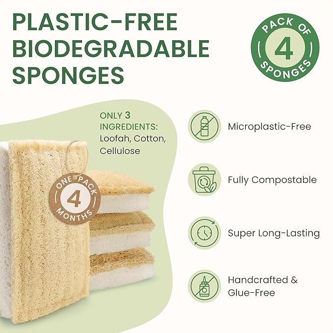 Natural Kitchen Sponges – Eco-Friendly, Compostable Dish Sponges – Loofah & Cellulose Scrubbers – Plastic-Free, Zero-Waste, Biodegradable – Durable, Non-Scratch – Pack of 4