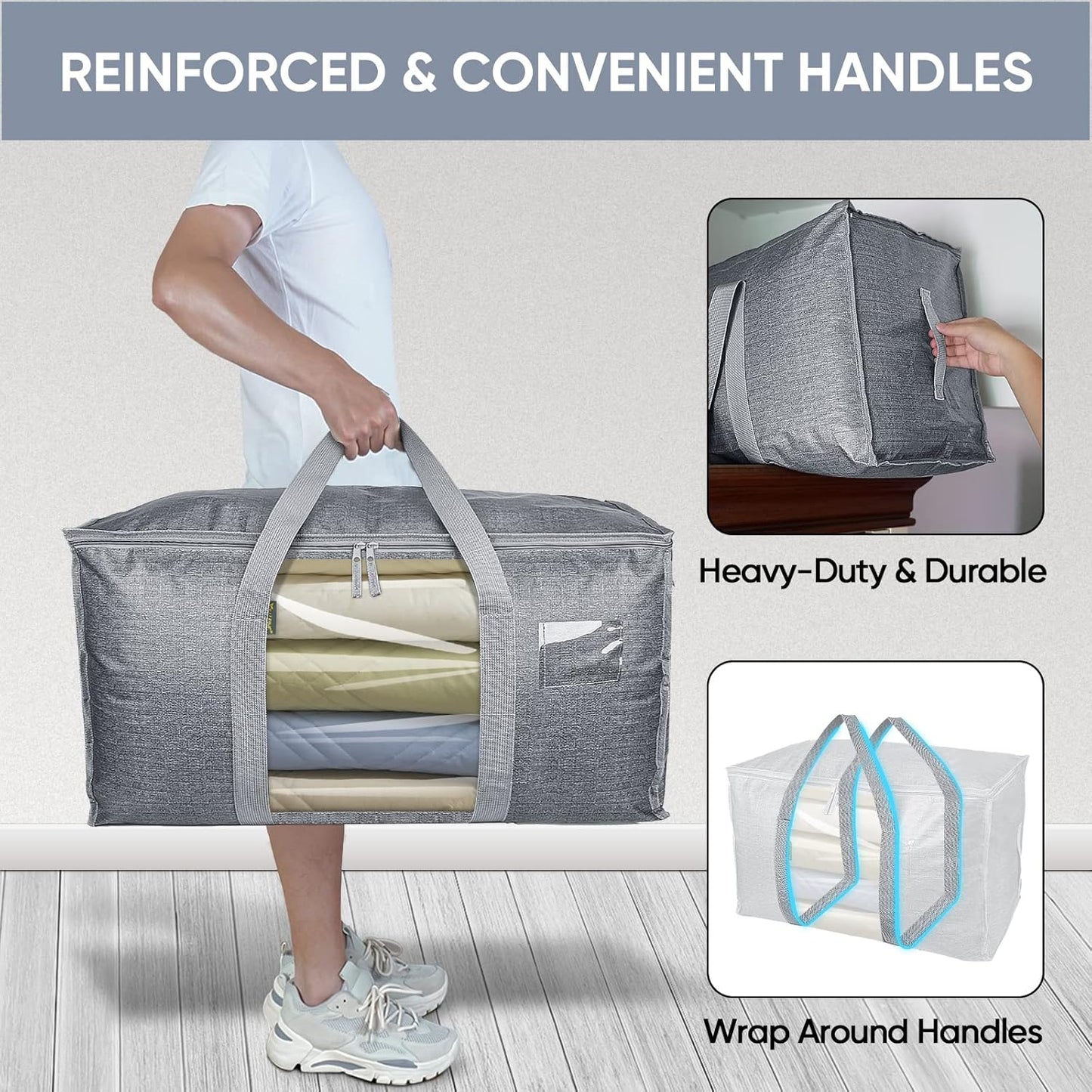 BALEINE 6-Pack Oversized Moving Bags with Reinforced Handles, Heavy-Duty Storage Tote Moving Supplies for Packaging, Camping (Gray w/Window, 6-Pack)