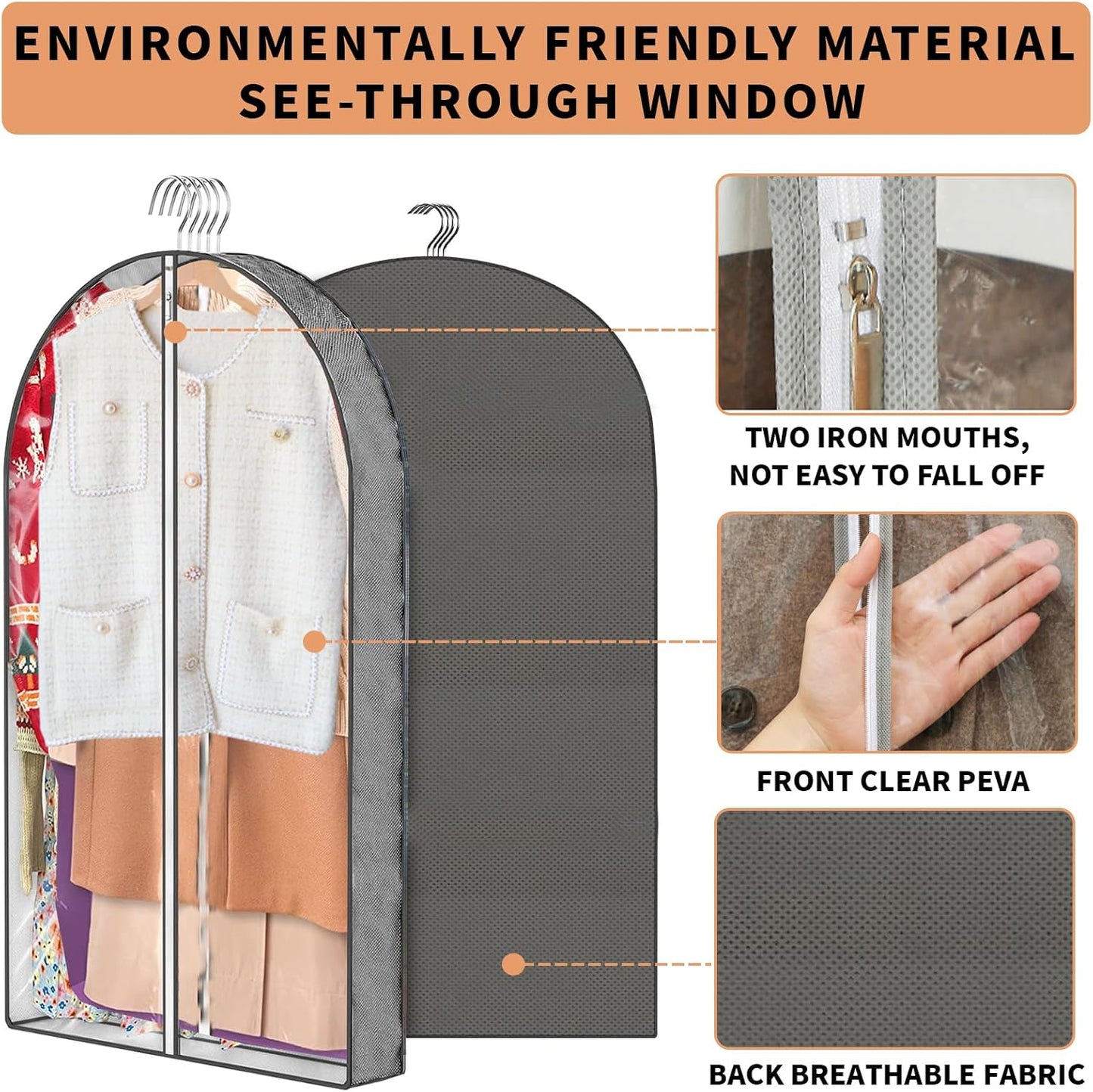 3 Pcs Garment Bags, 40" & 50" PEVA Moth-Proof Breathable Dust Cover, Hanging Clothes Covers with Bedroom, Suits, Padded Clothes, Shirts Prevent Dust