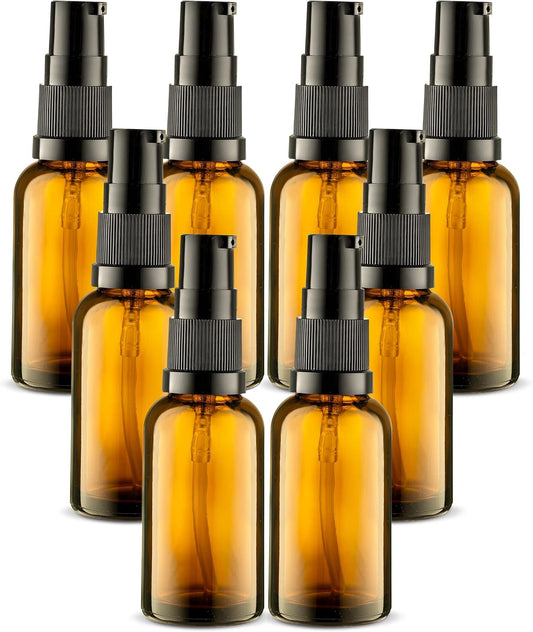 8 Pack Empty Refillable Glass Amber Pump Bottle Ideal for Lotion Cream Essential Oil Travel Small Container, 30ml