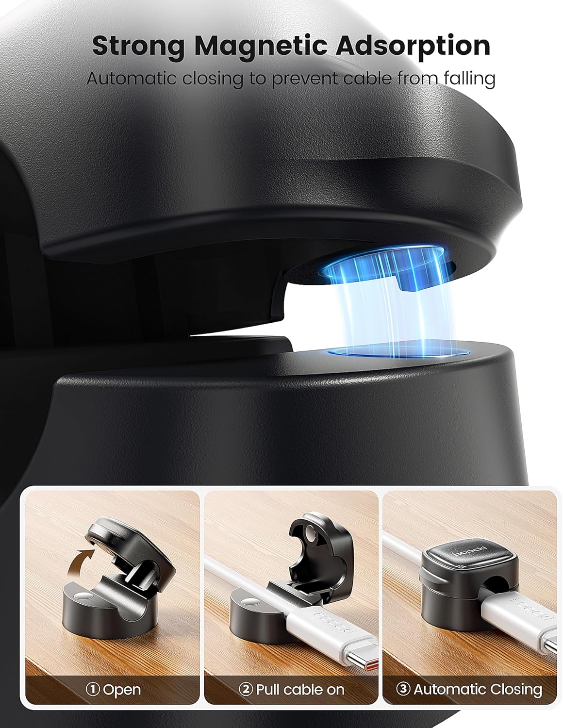 6 Pack Magnetic Cable Clips – Cord Organizer & Holder, Toocki Adhesive Cable Management, Wire Holder for USB Charging Cables, Ideal for Home, Office, Car, Desk, and Nightstand-Black