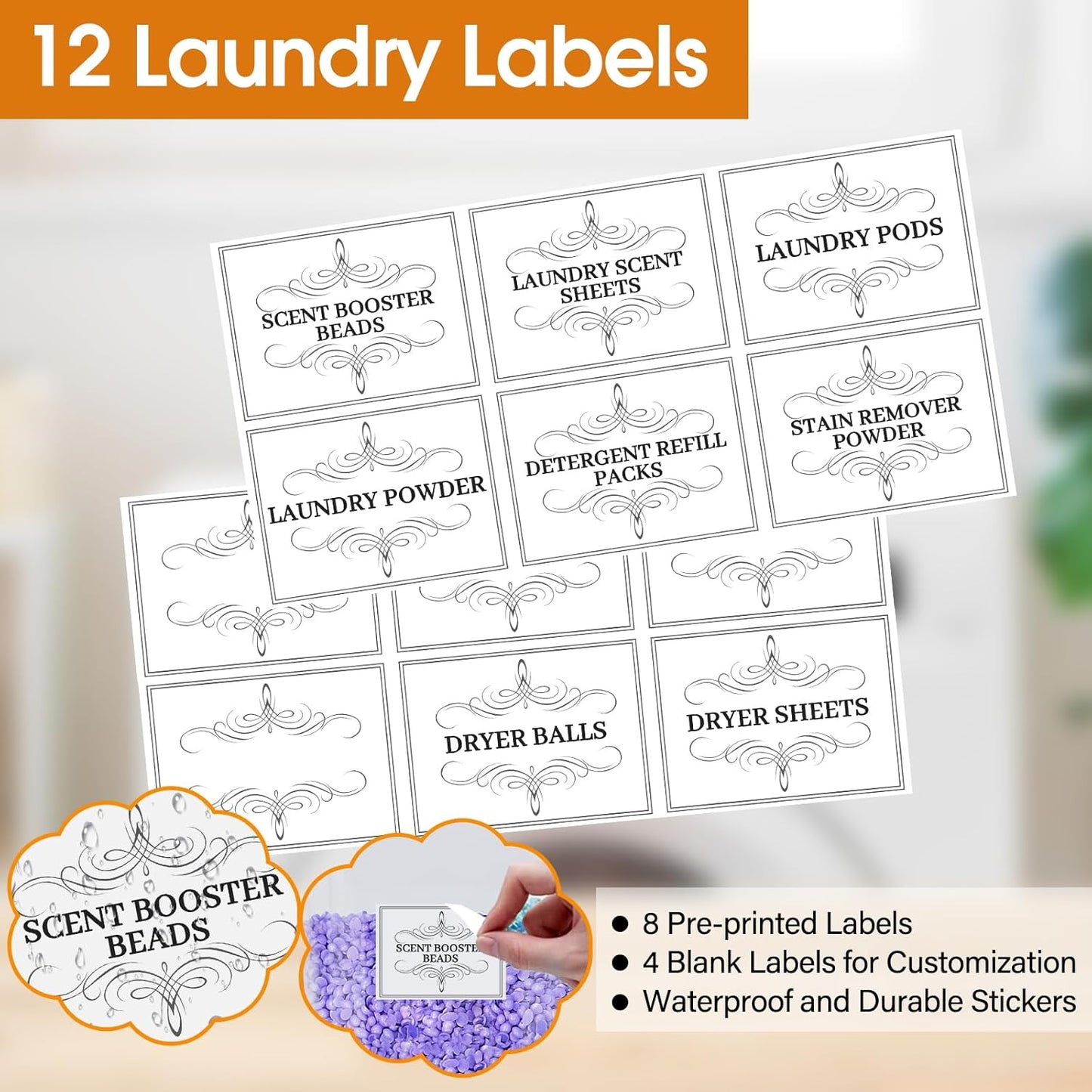 4PCS Laundry Pods Container, Clear Laundry Room Organization and Storage with Bamboo Lids, 3 Premium Scoops & Labels – Ideal for Scent Booster Beads, Dryer Balls, Sheets & Powder (6'')
