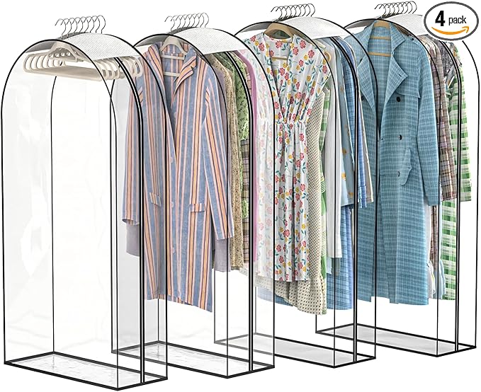 Upgraded Thickened Clear Garment Bags for Hanging Clothes 4 Packs, 10“ Gusseted Clothes Hanging Storage Bags for Closet, Shirts, Coats, Dresses (60 inch)