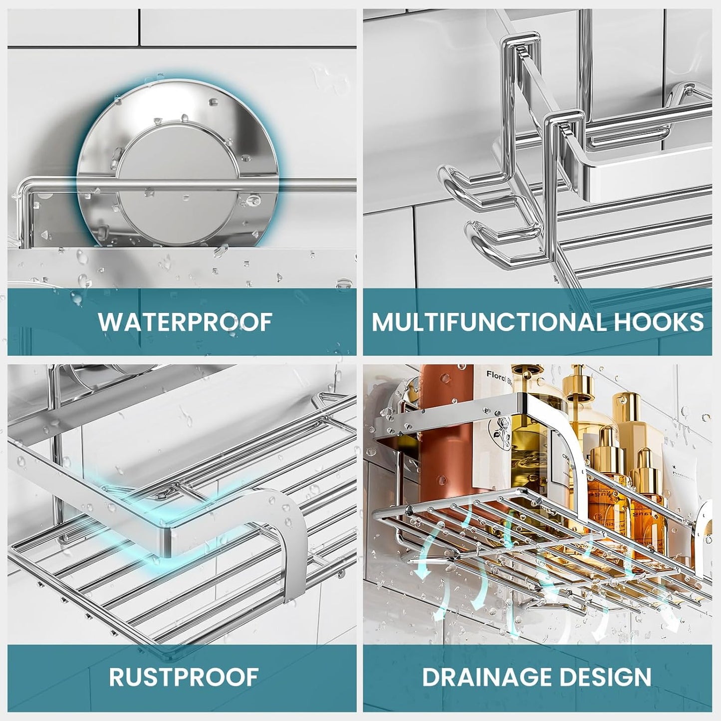 TAILI Shower Caddy Suction Cup 2 Pack, Heavy Duty Bathroom Basket, Bath Shelves for Inside,Stainless Steel Shower Holder Organizer for Bathroom Storage & Home Decor,No Drilling,Silver