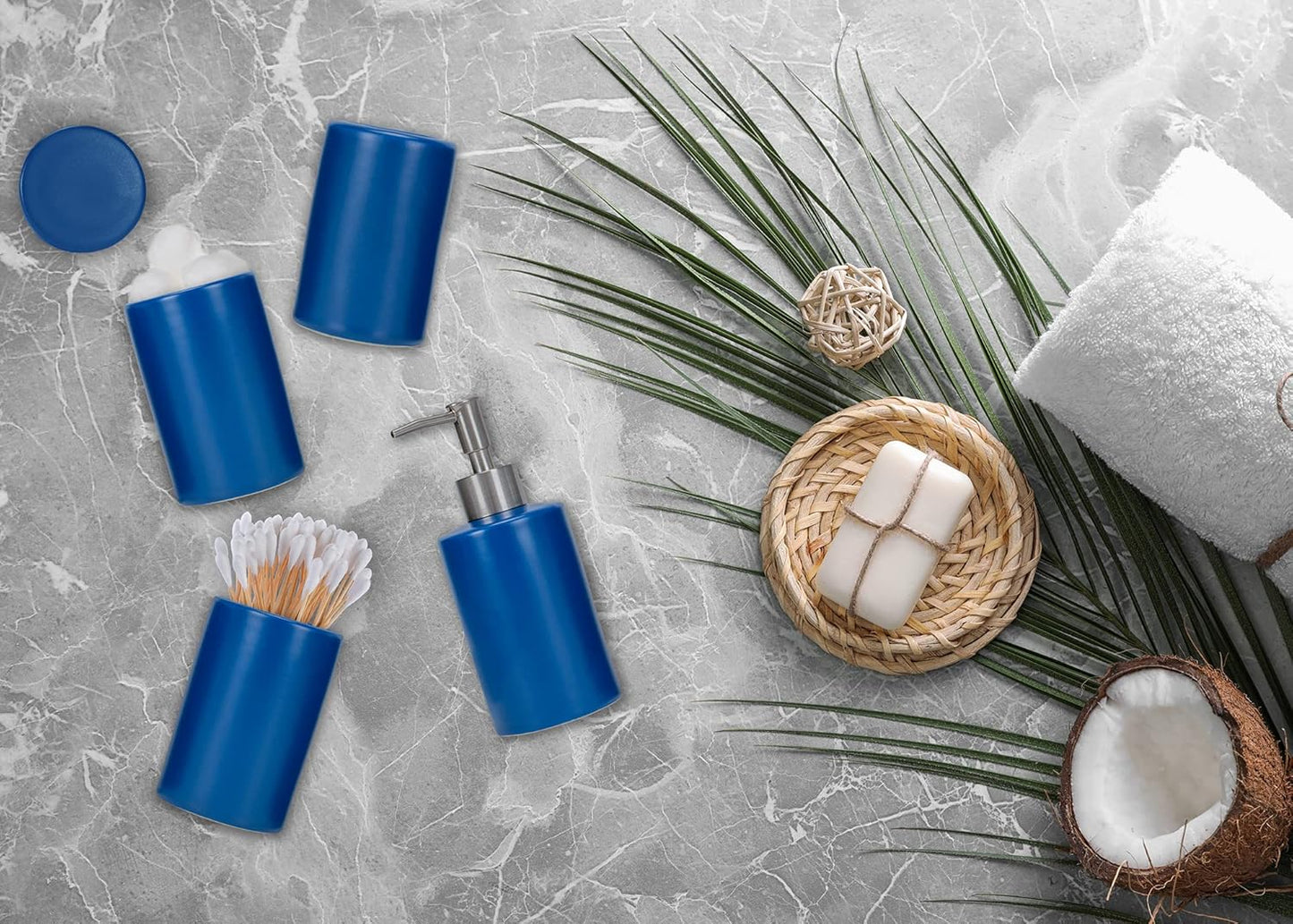 NAT & Jules Chic Modern Rounded 4.5 inch Ceramic Bathroom Accessories Set of 4 - Home Décor & Organization Perfect for Bath or Kitchen Household Essentials, Matte Blue