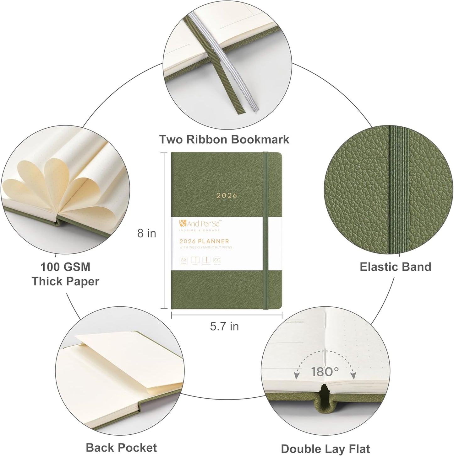 And Per Se 2026 Planner-Daily, Weekly & Monthly Leather Hardcover Planner, 5.7" x 8", Daily Schedule, Monthly Tabs, 100 GSM Thick Paper, Back Pocket(Olive Green)
