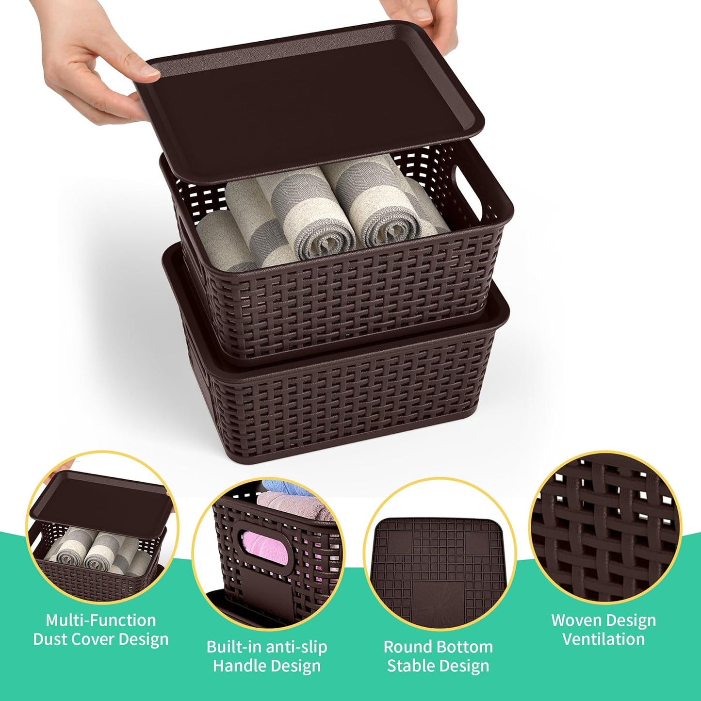 8-Pack Brown Plastic Storage Baskets with Lids, Label Organizers, Stackable Organizer Containers: For Organizing Shelves, Drawers, Desk Closets, Playrooms, Classrooms, Offices