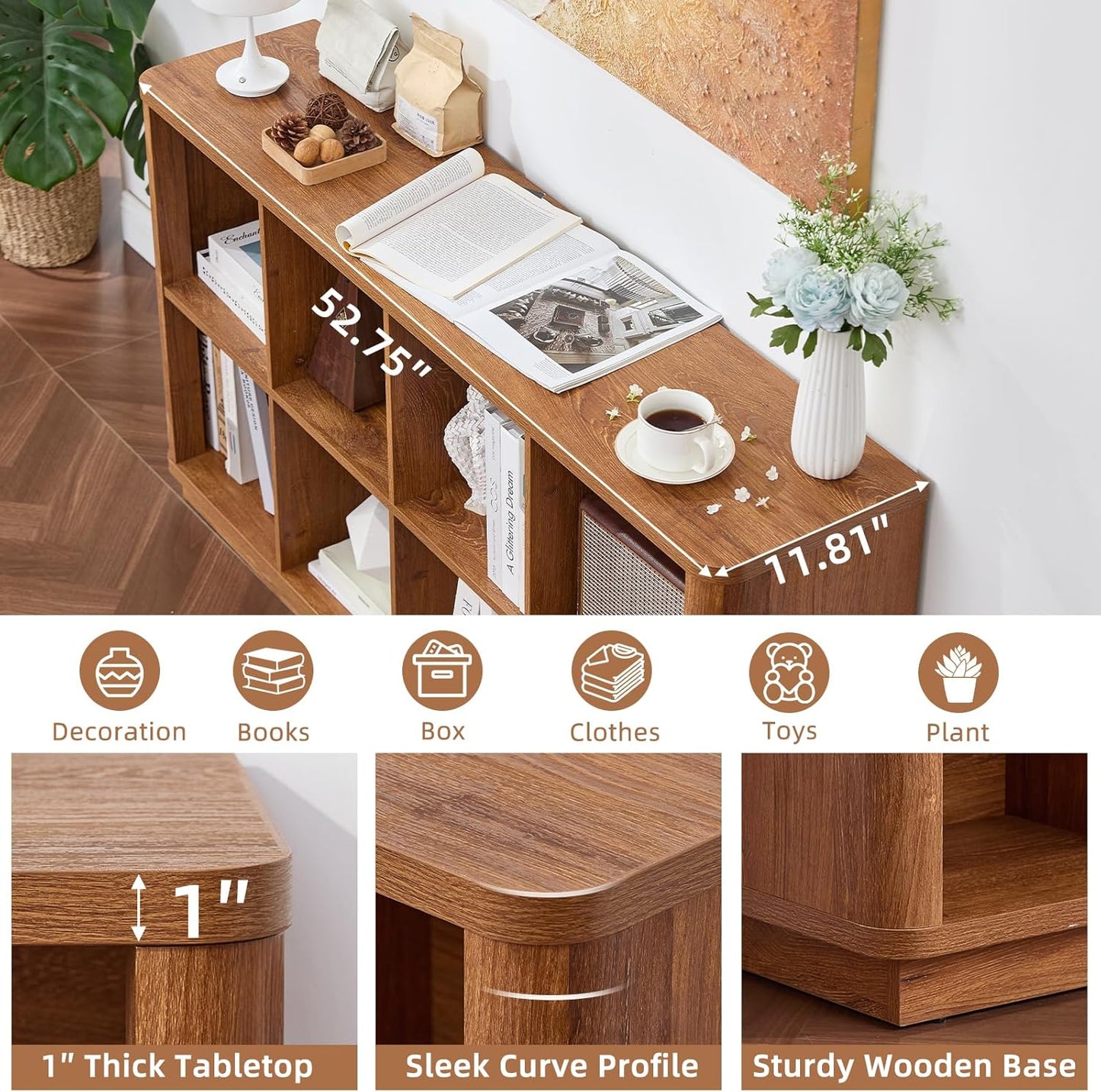 8 Cube Storage Book Shelf, 52" Long Horizontal Bookshelf with Curved Edge, Floor Standing Wooden Cubby Bookcase with Base, Modern Low Console Book Case, TV Stand for Living Room, Brown