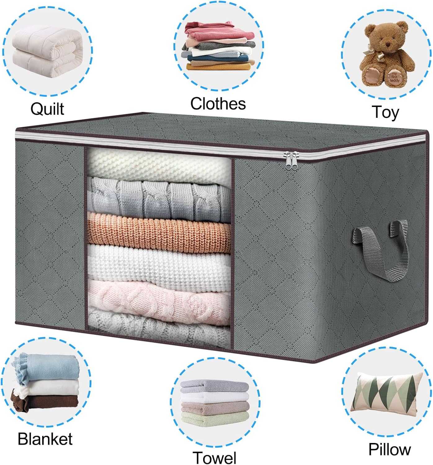 Budding Joy Clothes Storage, Foldable Large Blanket Bags, Storages and Organization for Clothing, Blanket, Comforter, Clothes, Pillows, Toys, Closet Organizers with Enhanced Handle, 60L 12 Pack