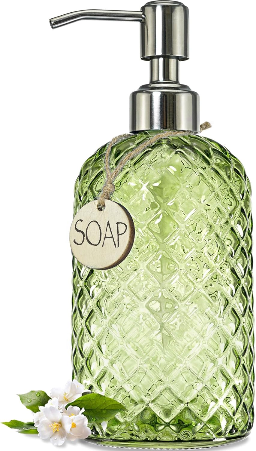JASAI 18Oz Tea Green Soap Dispenser with Rust Proof Pump, Refillable Glass Soap Dispenser for Bathroom & Kitchen to Dispense Dish Soap, Hand soap, Lotion.