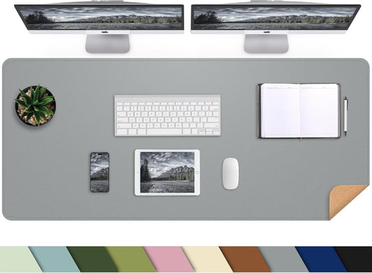 Leather Desk Protector, 47in*23.7in Large Mat with Natural Cork & PU Leather, Mouse Pad, Non-Slip Office Mat, Waterproof Writing Pad for Office and Home (Light Grey)