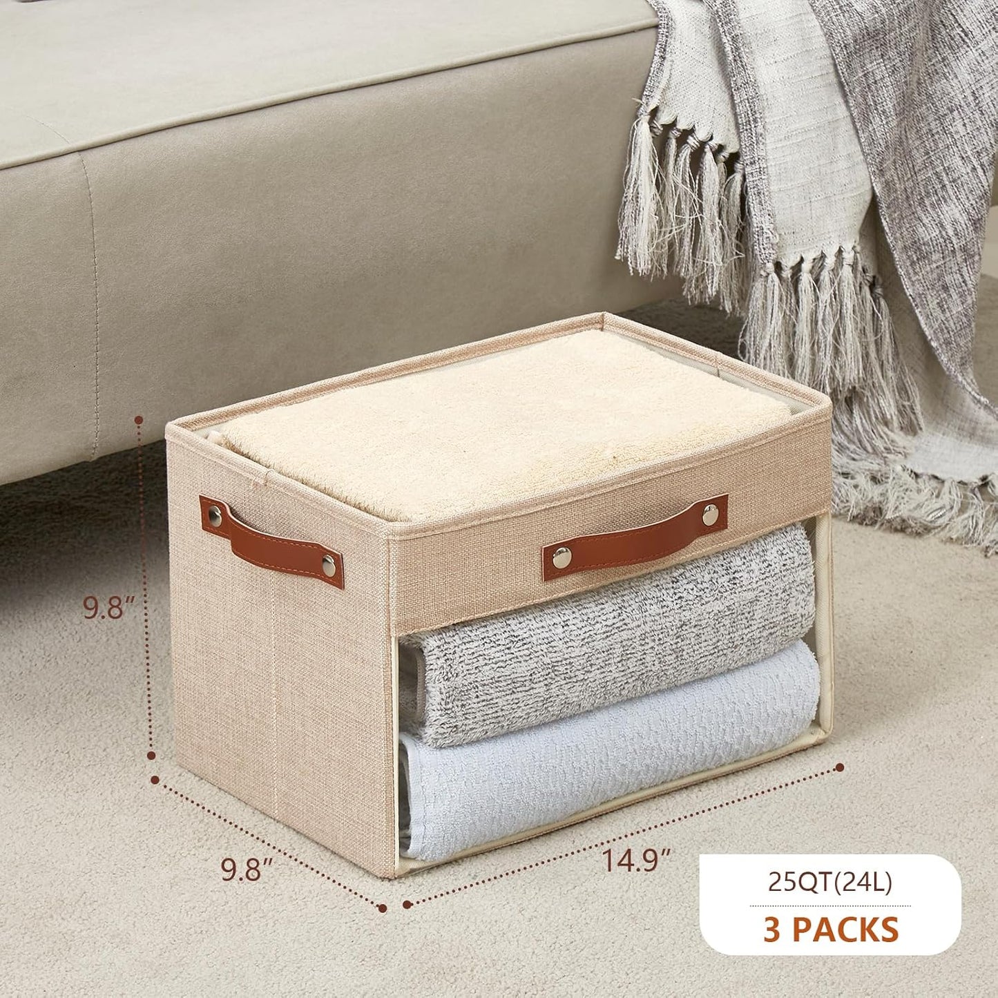 Large Storage Baskets with Clear Window, See Through Closet Organizer with PU Handles, Linen Foldable Storage Bins for Organizing Clothes, Toys, Books (Khaki)
