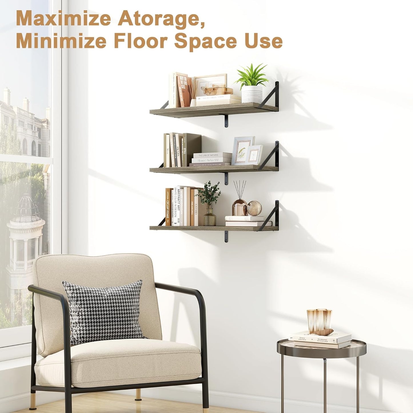 Fun Memories Floating Bookshelves, Set of 3 Wall-Mounted Wood Shelves 24" W x 8" D, Decorative Wall Shelf for Living Room, Bedroom, Bathroom, and Laundry Room (Grey)