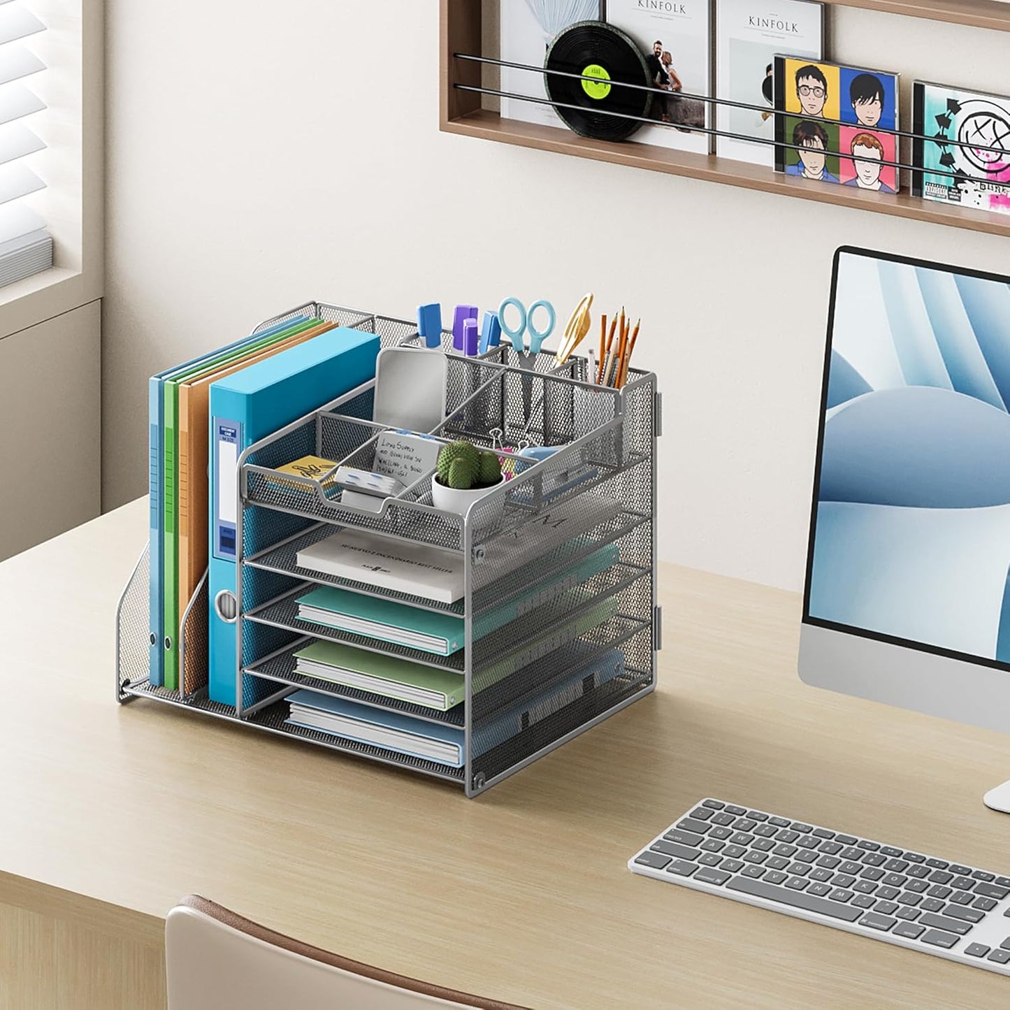 Lavatino 5-Tier Metal Mesh Desk Organizer with 2 File Holders & 7 Customizable Compartments | Paper Letter Tray for Office or Home Desk Storage | Keep Workspace Supplies Neat & Organized, Silver