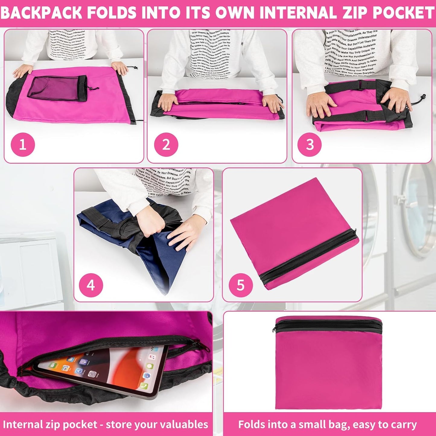 Laundry Bag Backpack with Shoulder Straps and Mesh Pocket Foldable Clothes Hamper Bag with Drawstring Closure for College, Apartment, Laundromat (Pink)