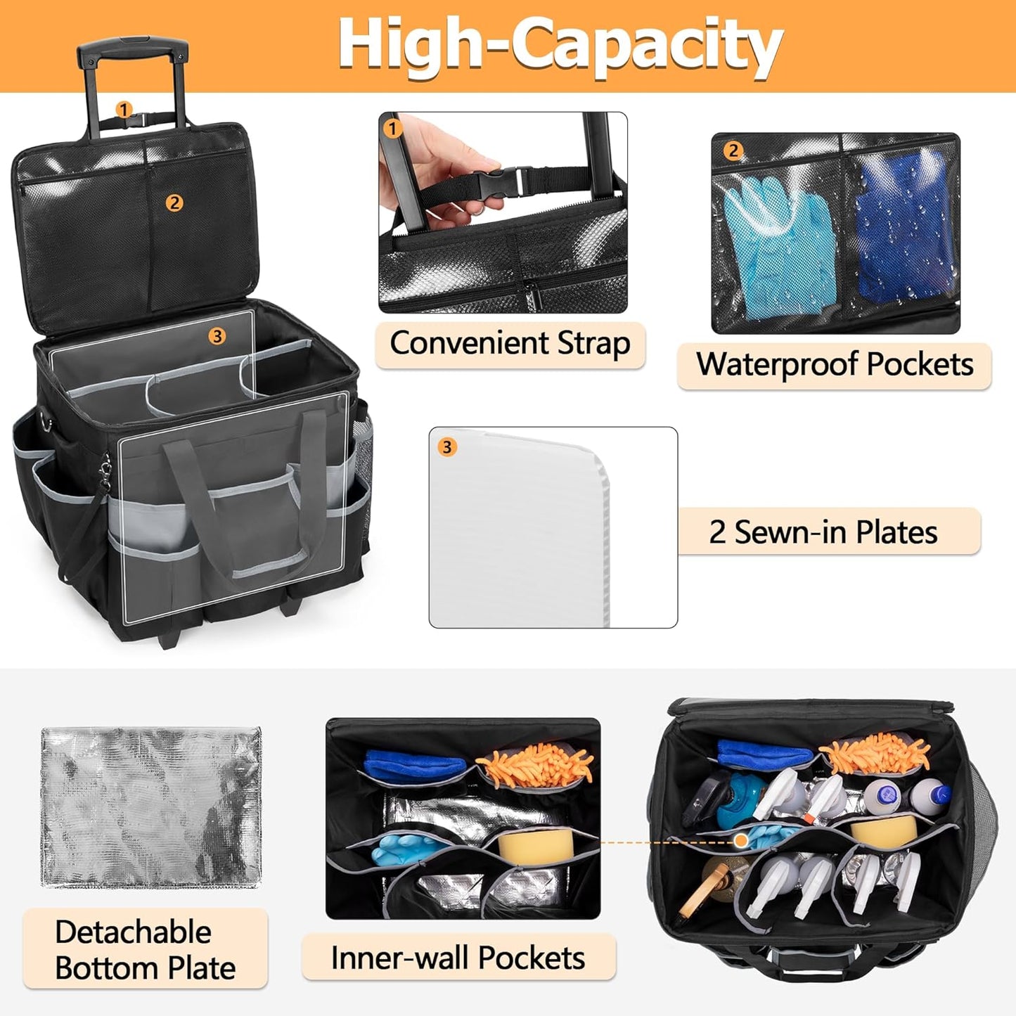 Large Rolling Cleaning Caddy with Detachable Trolley & Lid, Cleaning Cart on Wheels with Shoulder Strap & Handles, Cleaning Supplies Organizer with Multi Pockets for Cleaning Tools Storage