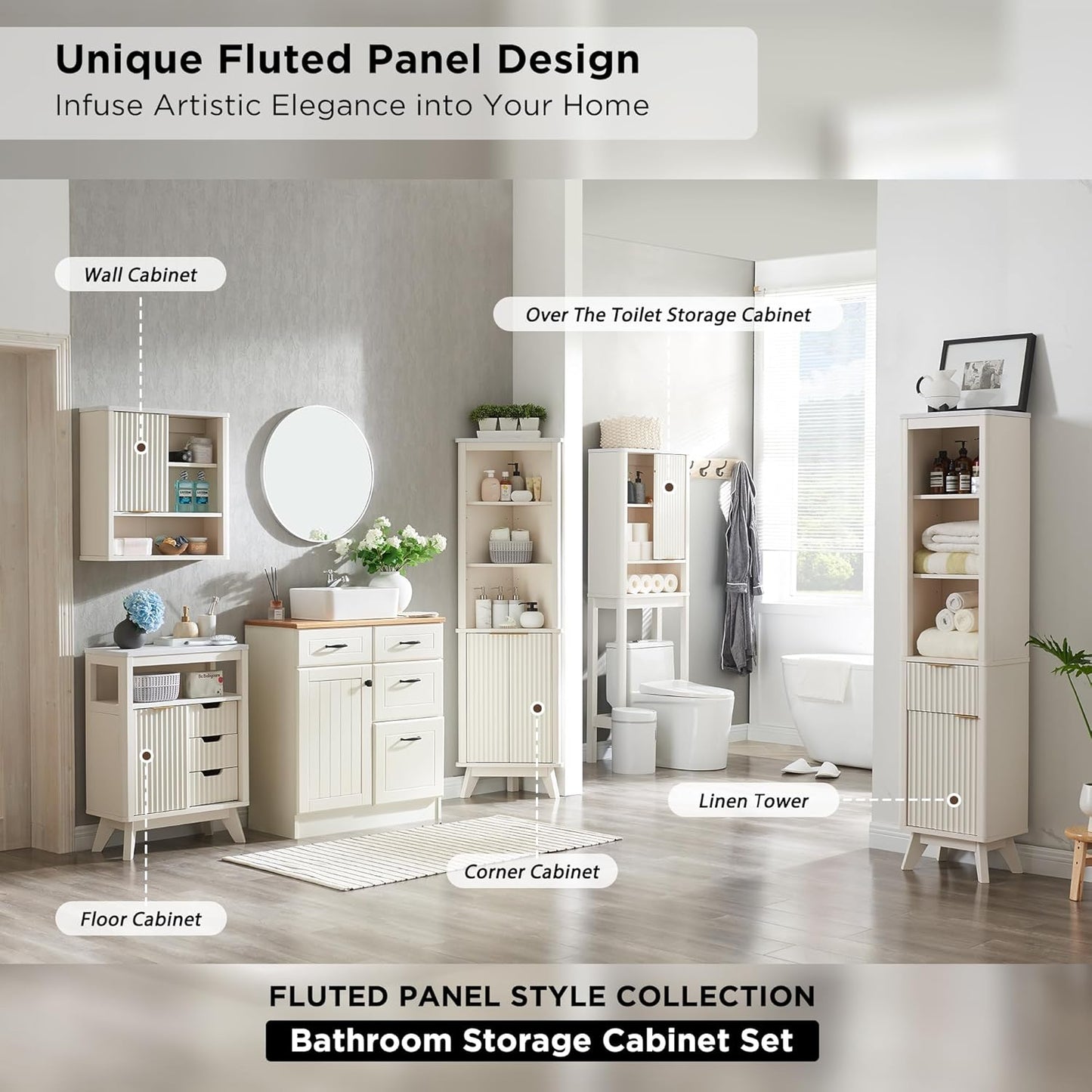 RedLemon Bathroom Wall Cabinet w/Fluted Sliding Door, Modern Medicine Cabinet w/Faux Marble Top & Adjustable Shelf, Curved Profile Wall Mounted Storage Organizer, Off White