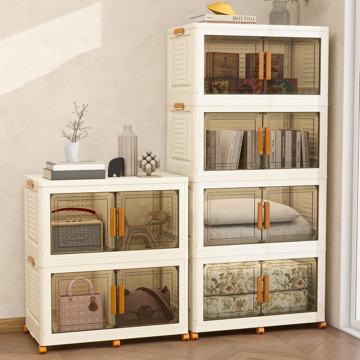 Plastic Stackable Storage Bins with Lids and Wheels, Foldable Closet Organizers and Storage Containers, Collapsible Clear Drawer Storage Cabinet with Doors White 90Gal