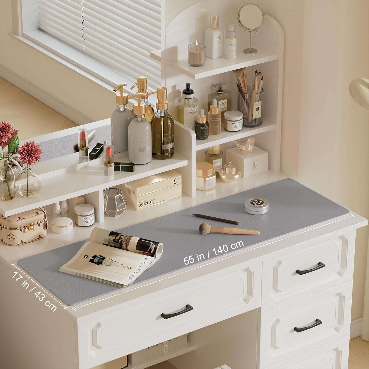 Aothia Leather Desk Pad Protector, Office Desk Mat, Large Mouse Pad, Laptop Desk Pad, Non-Slip PU Leather Desk Blotter, Waterproof Desk Writing Pad for Office and Home (Light Grey, 55" x 17")