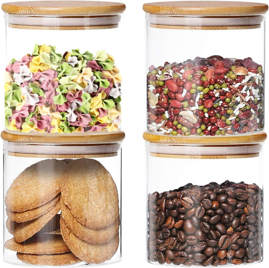 4 Pack Glass Jars with Airtight Bamboo Lids, Glass Kitchen Canisters Clear Container for Food Storage of Dry Goods, Cookie, Candy, Spices, Coffee Beans and More, 18.6 OZ