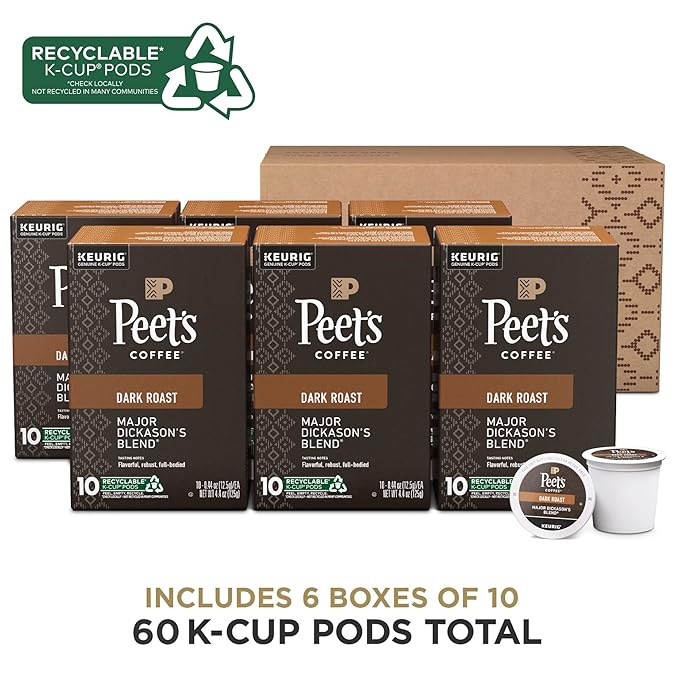 Peet's Coffee, Dark Roast Keurig K-Cup Pods - Major Dickason's Blend 60 Count (6 Boxes of 10 K-Cup Pods)