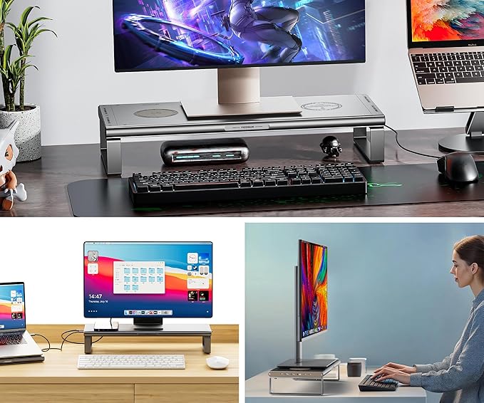 Monitor Stand HUB - Aluminum Riser with 6-in-1 Docking Station: 4K HDMI, USB-C, USB 3.0, PD 100W, Wireless Charging, Drawer Organizer - Gray