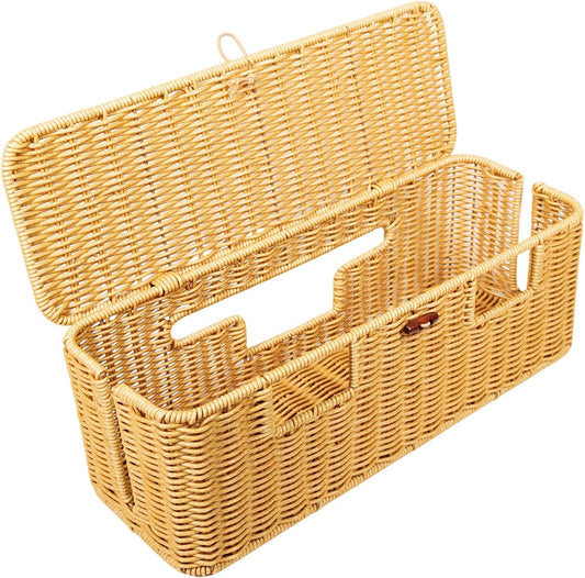 Longer Cable Management Box, 16In Handwoven Cord Management Box with 5 Slots, Floor Cord Hider Boxes for Power Strip and Wire, Cable Organizer Boxes with Lid for Desk, Floor, Office, Living Room