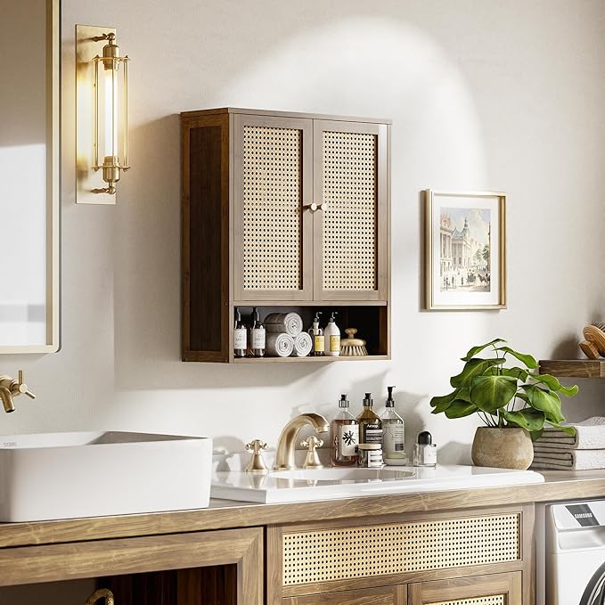 HITNET Bamboo Medicine Cabinet, Wall Mounted Bathroom Cabinet with Adjustable Shelf, Double Rattan Door Hanging Storage Organizer Over Toilet for Entryway, Laundry Room (Walnut)