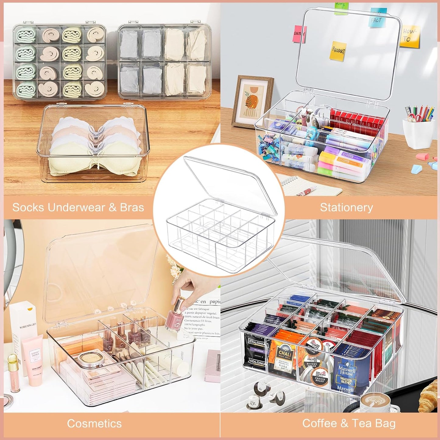 2pcs Sock Underwear Organizer, 16 Compartment Adjustable Dividers Bras Socks Underwear Drawer Organizers for Closet, Clear Plastic Storage Containers Box with Lids for Ties Bra Scarf Socks