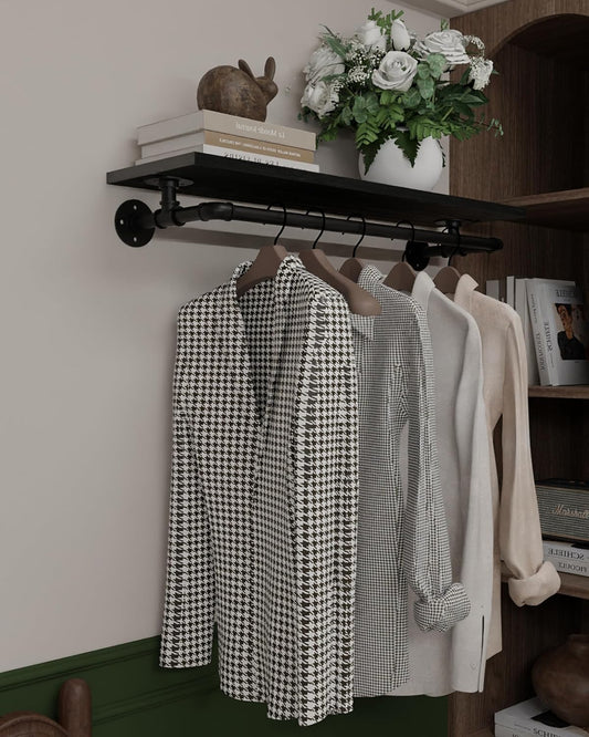 Black Clothes Rack 36in, Wall Mounted Garment Rack with Black Real Wood Shelf, Heavy Duty Hanging Clothes Rack, Multi-Purpose Hanging Rod, Space-Saving Closet Storage