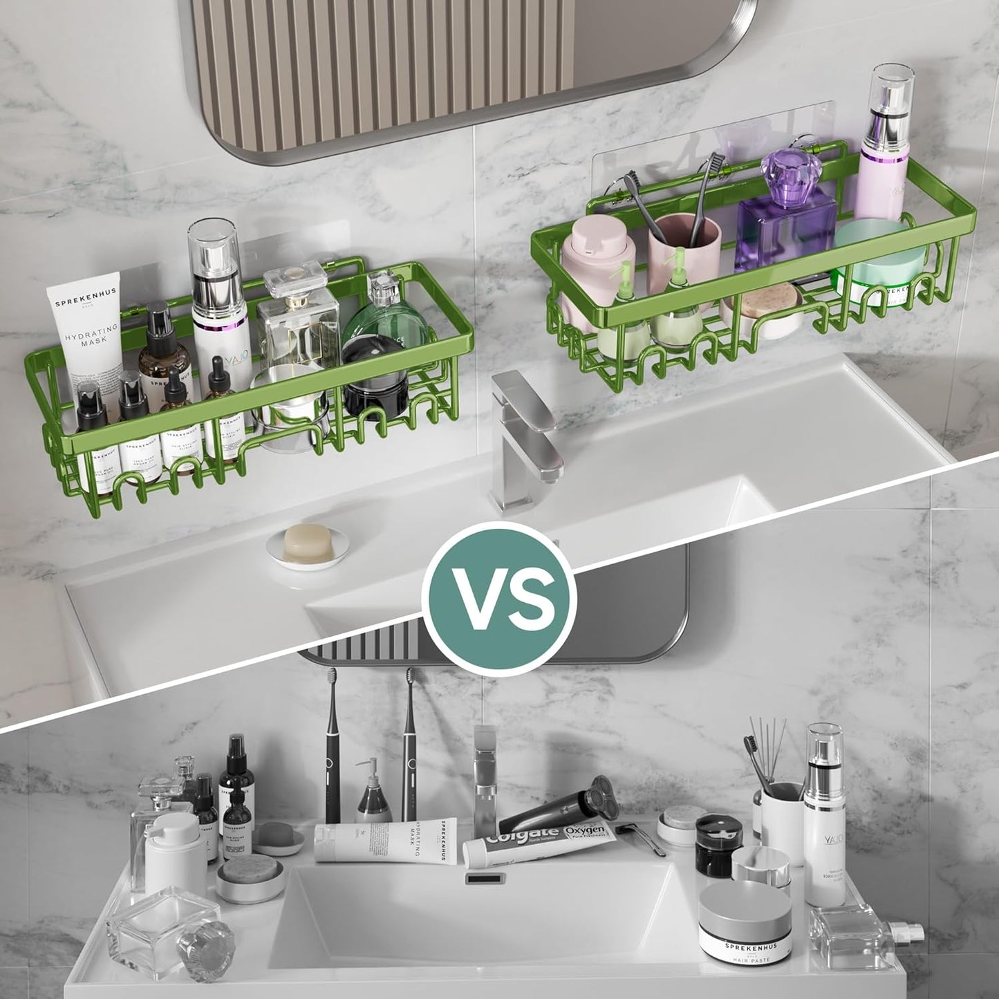 Veken Rustproof & Waterproof Shower Caddy 6-Pack, No Drilling Adhesive Shelves Rack with Soap Holder, Large Capacity Bathroom Organizers and Storage, Wall-Mounted Kitchen & Home Decor, Green