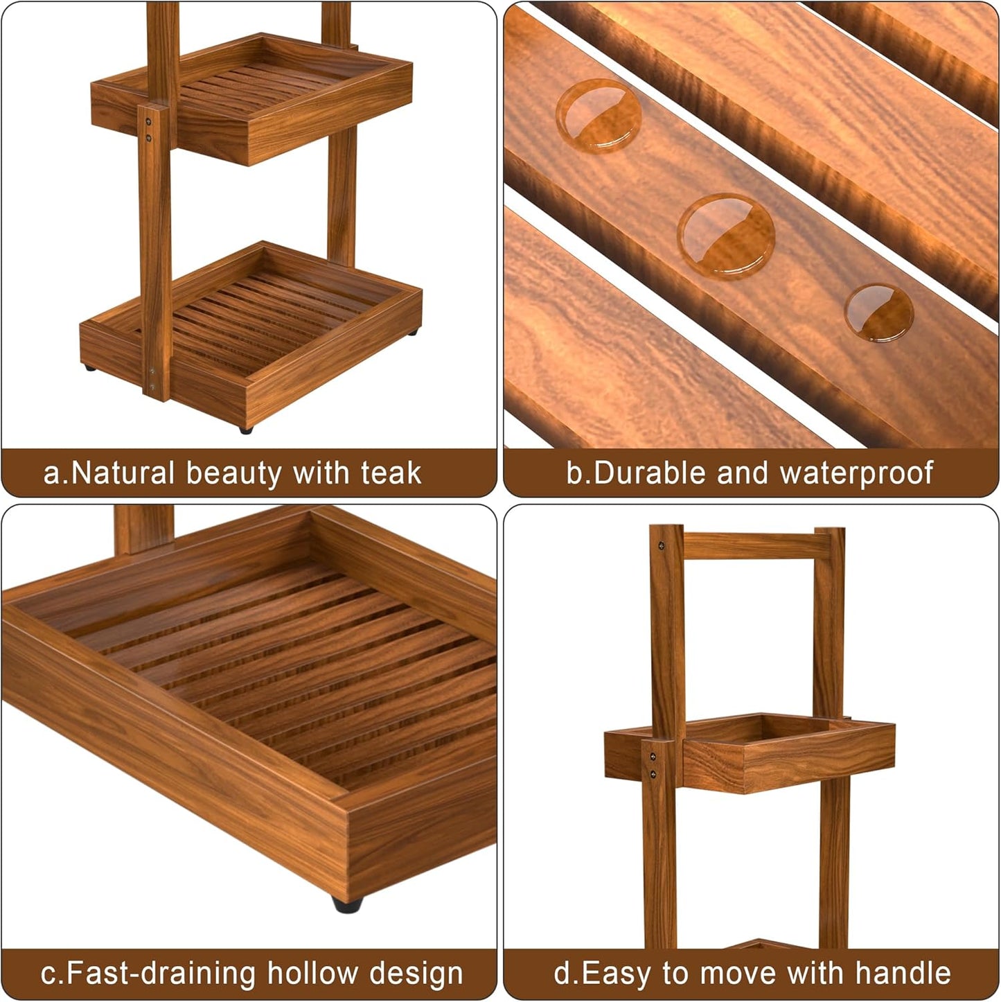 Teak Shower Shelf Bathroom Organizer - 3 Tier Multipurpose Shower Caddy with Non-Slip Base, Rustproof Durable Standing Towel Rack Toilet Paper Roll Holder for Bathroom Livingroom