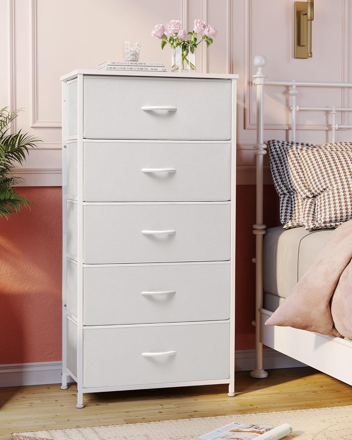 Crestlive Products Tall Dresser for Bedroom Vertical Storage Tower - Wide Fabric Dresser & Chests of Drawers for Closet, Hallway, Entryway w/Wood Top, Easy Pull Fabric Bins - 5 Drawers(White)
