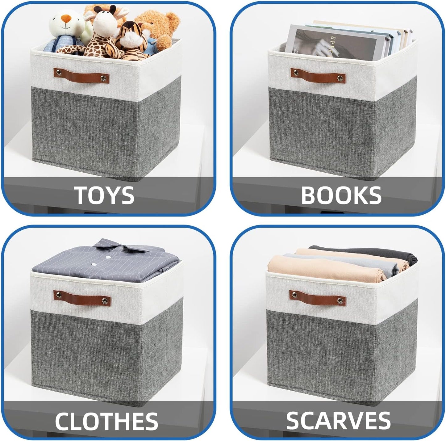 Temary Storage Cubes 12ﾗ12 Fabric Cube Storage Bins Foldable Storage Baskets with Handles, Decorative Storage Boxes for Organizing, Home, Office, Nursery, Shelf, Closet (White & Grey, 12 x 12 x 12)