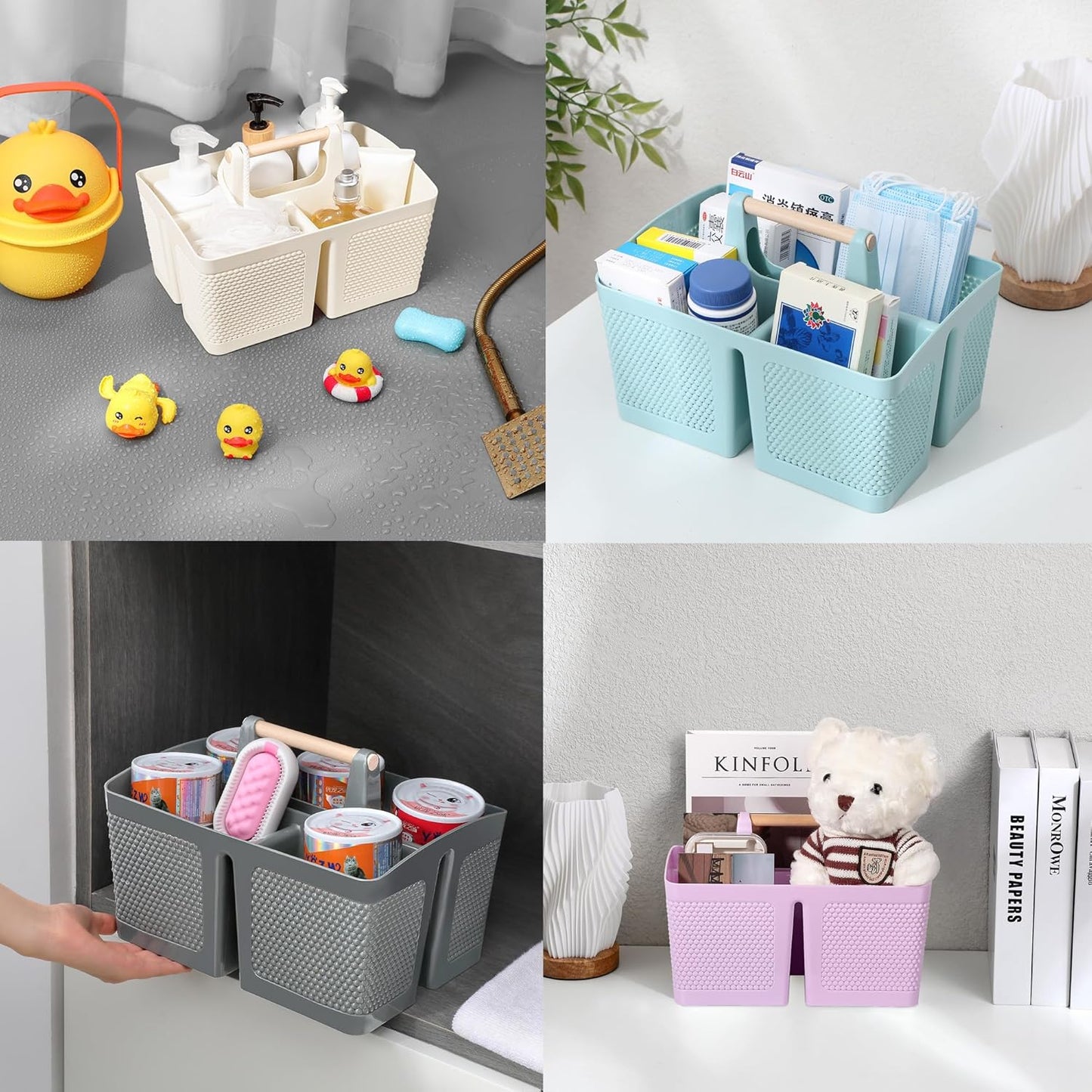 rejomiik Portable Shower Caddy Basket Plastic Cleaning Caddy Organizer Storage Tote with Handle for Bathroom, College, Dorm Room Essentials, Cream