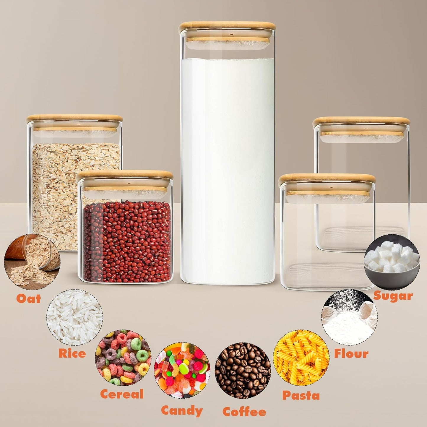Glass Storage Containers with Airtight Bamboo Lids Muti Size Set of 5,Pantry Food Glass Jar with Lid,Perfect for Kitchen Organization-Nuts,Flour, Rice, Pasta, Sugar, Coffee Beans, Accessories Included