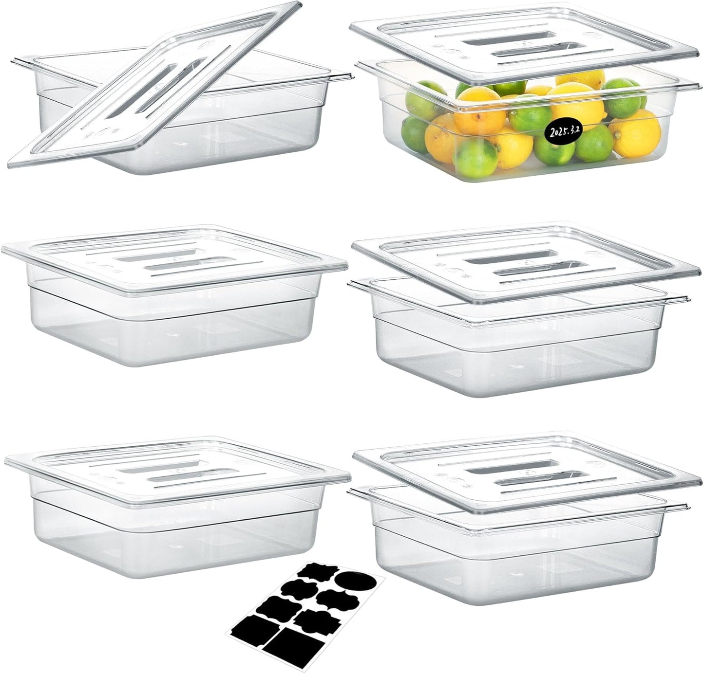 6 Pack NSF Food Pans with Lids, 1/2 Size 4'' Deep Commercial Food Storage Containers, Polycarbonate, Clear