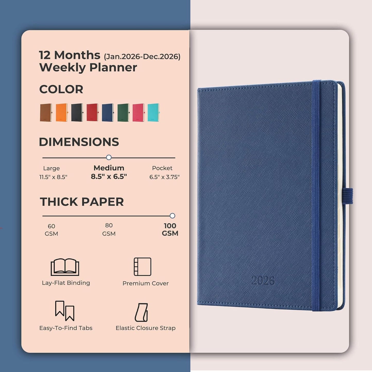IN-LUXPRO Weekly Monthly 2026 Planner (Jan.26-Dec.26),8.5"x6.5",12 Months Agenda Plan with Month Tabs & Pocket,Expenses/Note Pages, Appointment Book Calendar with Hardcover Vegan Leather Cover,Blue