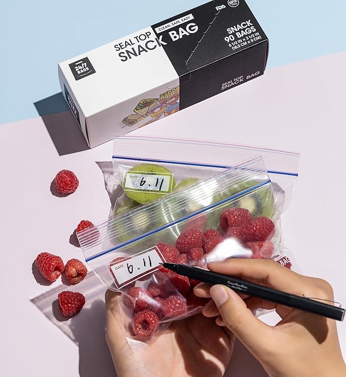 24/7 Bags- Snack Zip Storage Bags, 180 Count, Single Zipper Seal, Easy Grip Open Tabs, Write-On Space, BPA-Free & Heavy Duty, Microwave Safe, Non-StandUp
