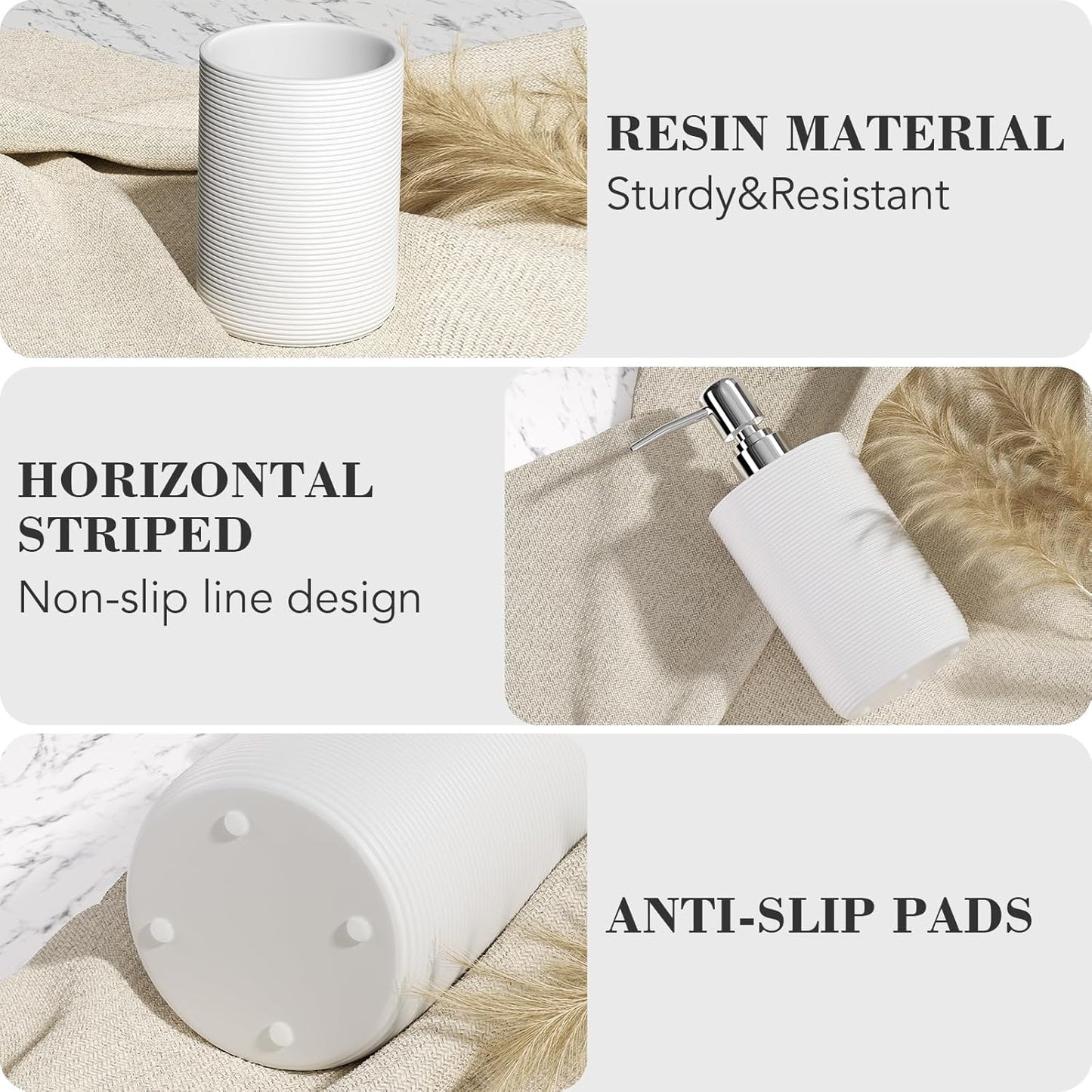 6-Piece Bathroom Accessory Set Resin, White Bath Accessories Complete with Toothbrush Holder, Lotion Soap Dispenser, 2 Qtip Holders,Vanity Tray,Bathroom Tumbler - Countertop Vanity Organizer