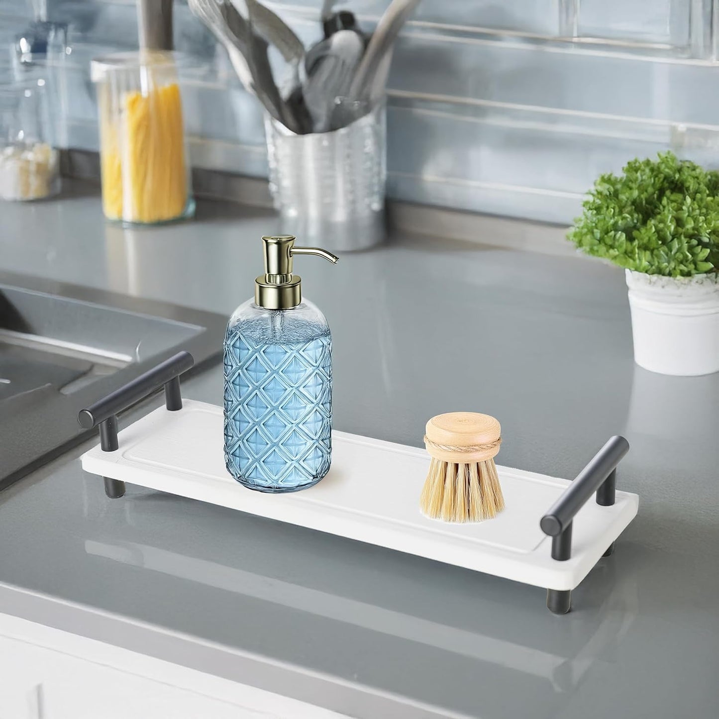 2PCS Water Absorbent Kitchen Countertop Organizer, Sink Caddy, Fast Drying Stone Diatomaceous Earth Tray, Sink Organizer, Water Absorbing Stone Tray for Countertop (White & Black Handle, Small)