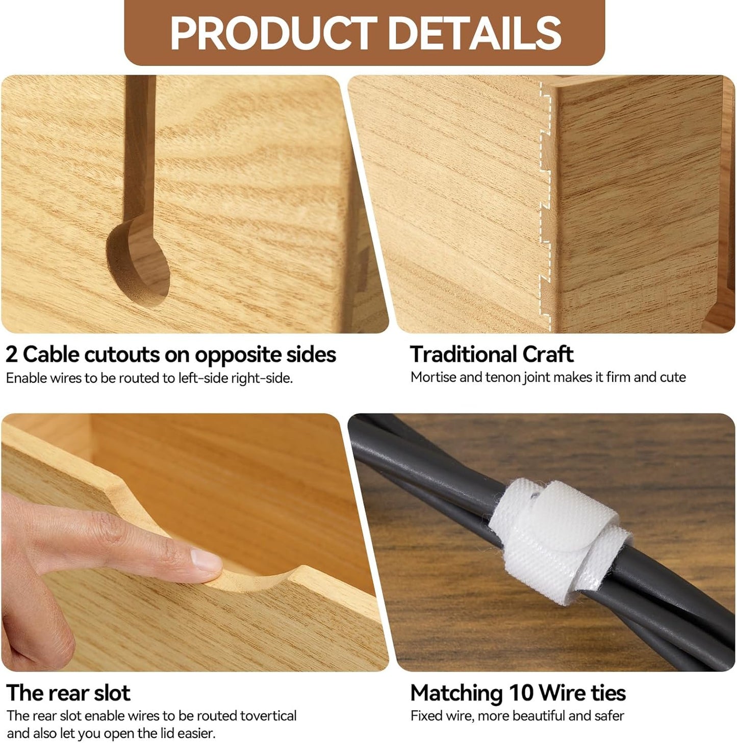 KIRIGEN Cable Management Box Wooden Cord Organizer Hide Power Strip Desk Wires Protector for Home Office TV Computer (DXH2T-NA)