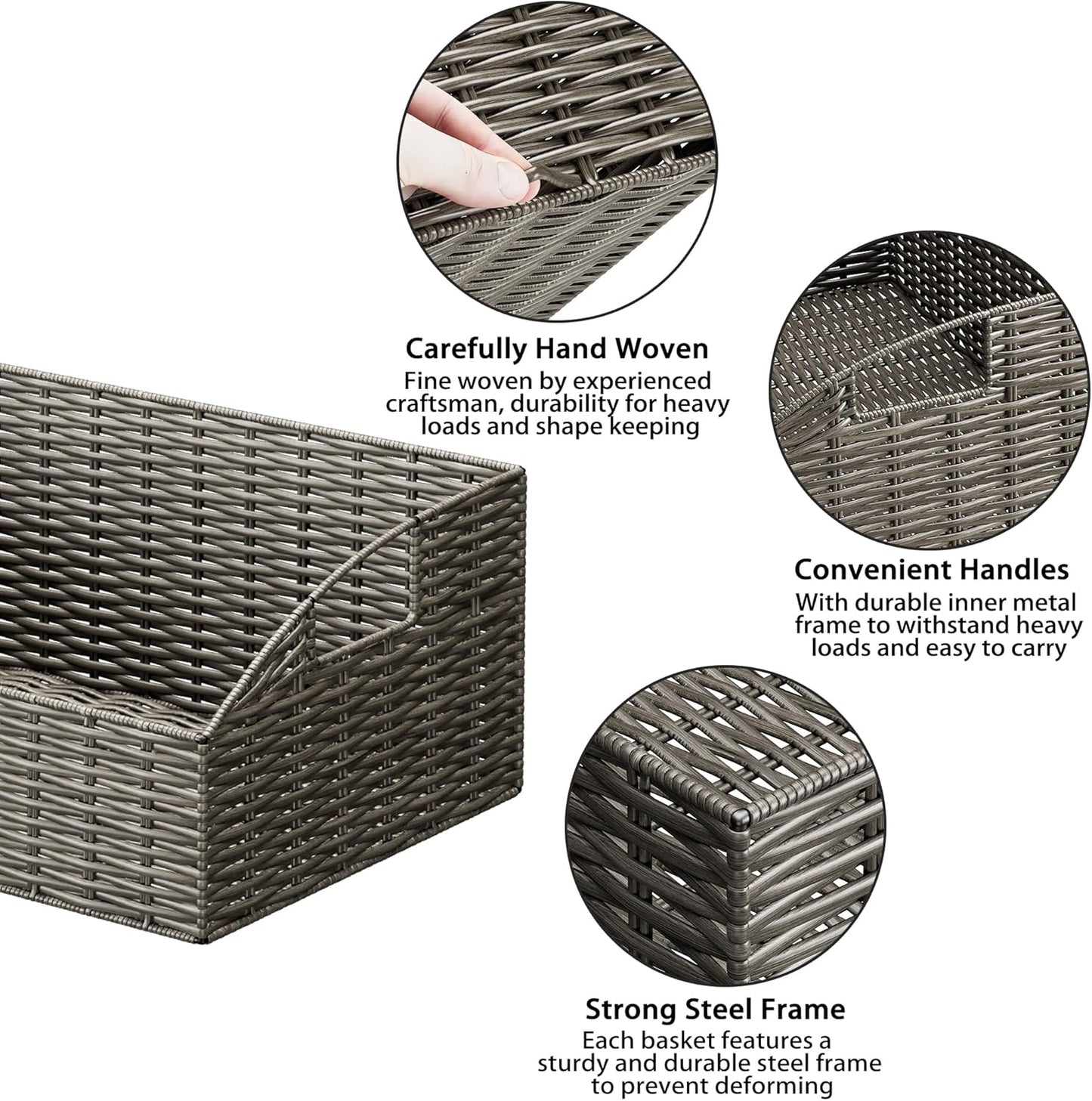 Ollieroo Rattan Storage Baskets, Handwoven Wicker Storage Bins with Built-in Handles, Storage Container Baskets for Shelves, Bedroom, Bathroom, Laundry Room or Kitchen(Grey)