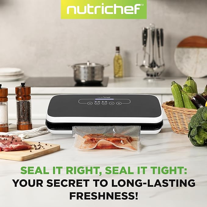 NutriChef Automatic Vacuum Air Sealing System for Food Preservation with Starter Kit, Compact Design, Lab Tested, Dry & Moist Food Modes with Led Indicator Lights, Black