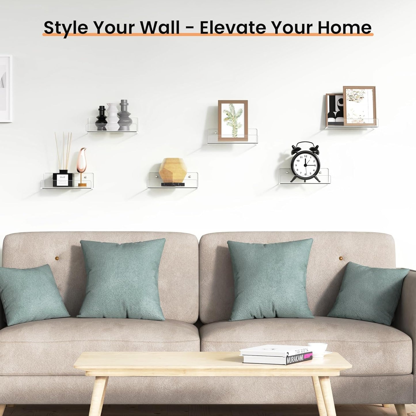 upsimples 6 Pack 6'' x 4'' Acrylic Small Shelves, Floating Shelves for Wall, Display Shelf Organizer for Plants, Speaker, Radio, Toys, Clear